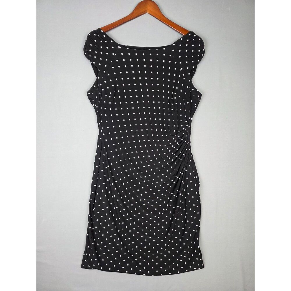Lauren Ralph Lauren Ruched Shealth Dress Size 12 Black White Polka Dot Stretch